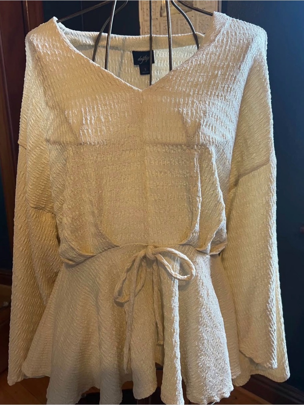 Daytrip Beige Textured V-Neck Peplum Top with Tie